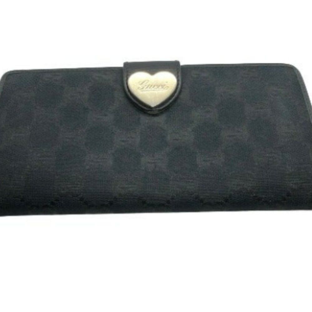 GUCCI Black Canvas & Leather Heart Snap Long Designer Double Sided Wallet